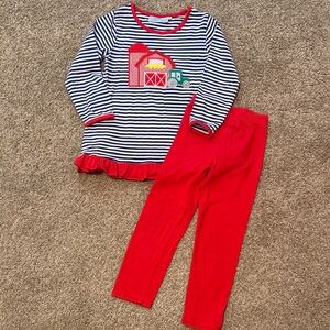 Trotter Street Kids Striped Appliqué Barn and Tractor Top with Red Pants